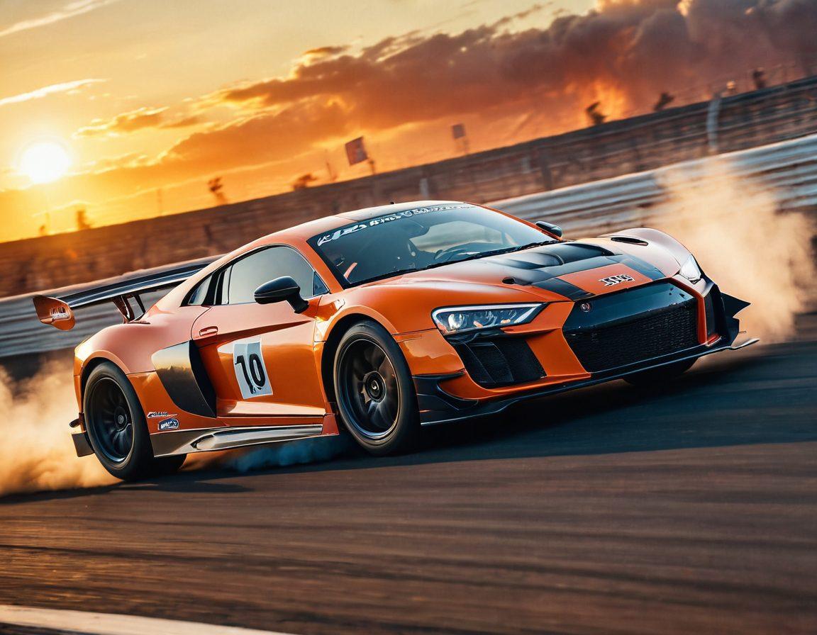 A dynamic scene featuring a skilled race car driver expertly maneuvering through a high-speed track, showcasing defensive racing techniques. Include vibrant racing flags, cheering spectators in the background, and dramatic tire smoke with a sunset sky enhancing the adrenaline. Emphasize the precision of the car's movements and the focused expression of the driver. super-realistic. vibrant colors. dynamic composition.