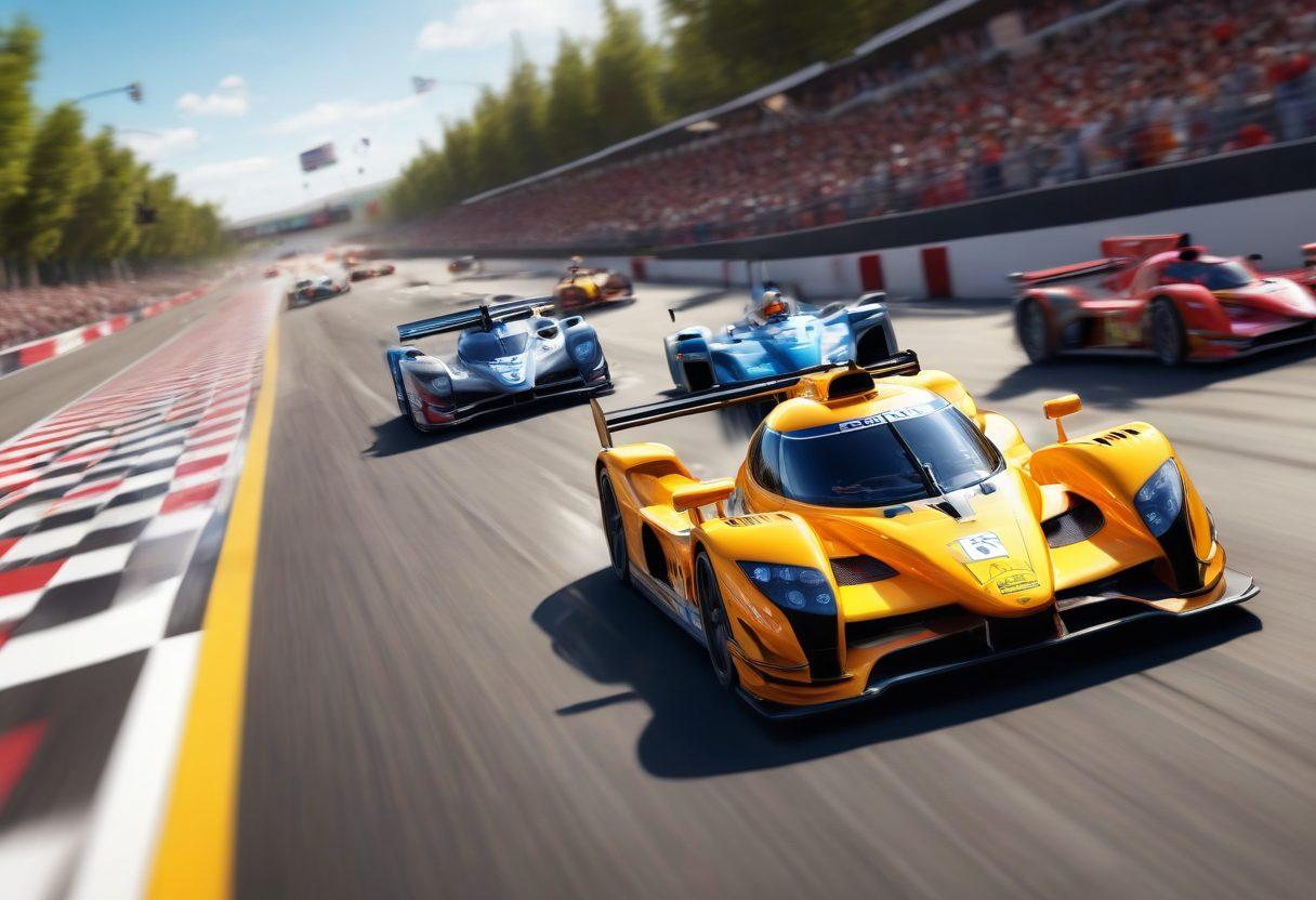 A dynamic scene capturing a motorsports enthusiast tracing a race track with a high-tech GPS device, surrounded by vibrant racing cars speeding by. The background features a blurred crowd cheering, emphasizing adrenaline and excitement. Include elements like checkered flags and racing cones to enhance the competitive atmosphere. super-realistic. vibrant colors. motion blur.