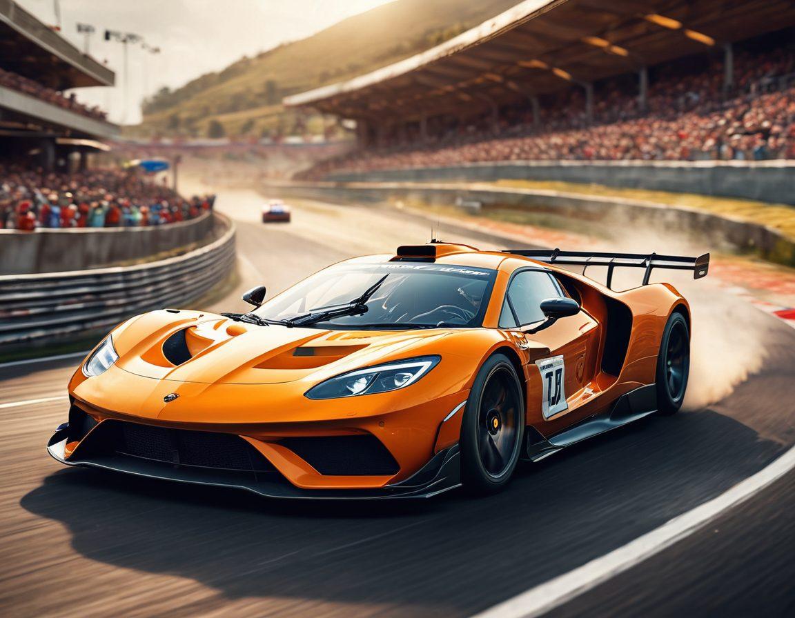 A dynamic race scene featuring a focused driver navigating a winding track, showcasing defensive techniques with precision. Include detailed graphics of racing cars, vibrant colors, and motion blur to signify speed. The background should depict a cheering crowd and dynamic landscapes, emphasizing the thrill of racing mastery. Capture the intensity and strategy in the driver's expression. super-realistic. vibrant colors.